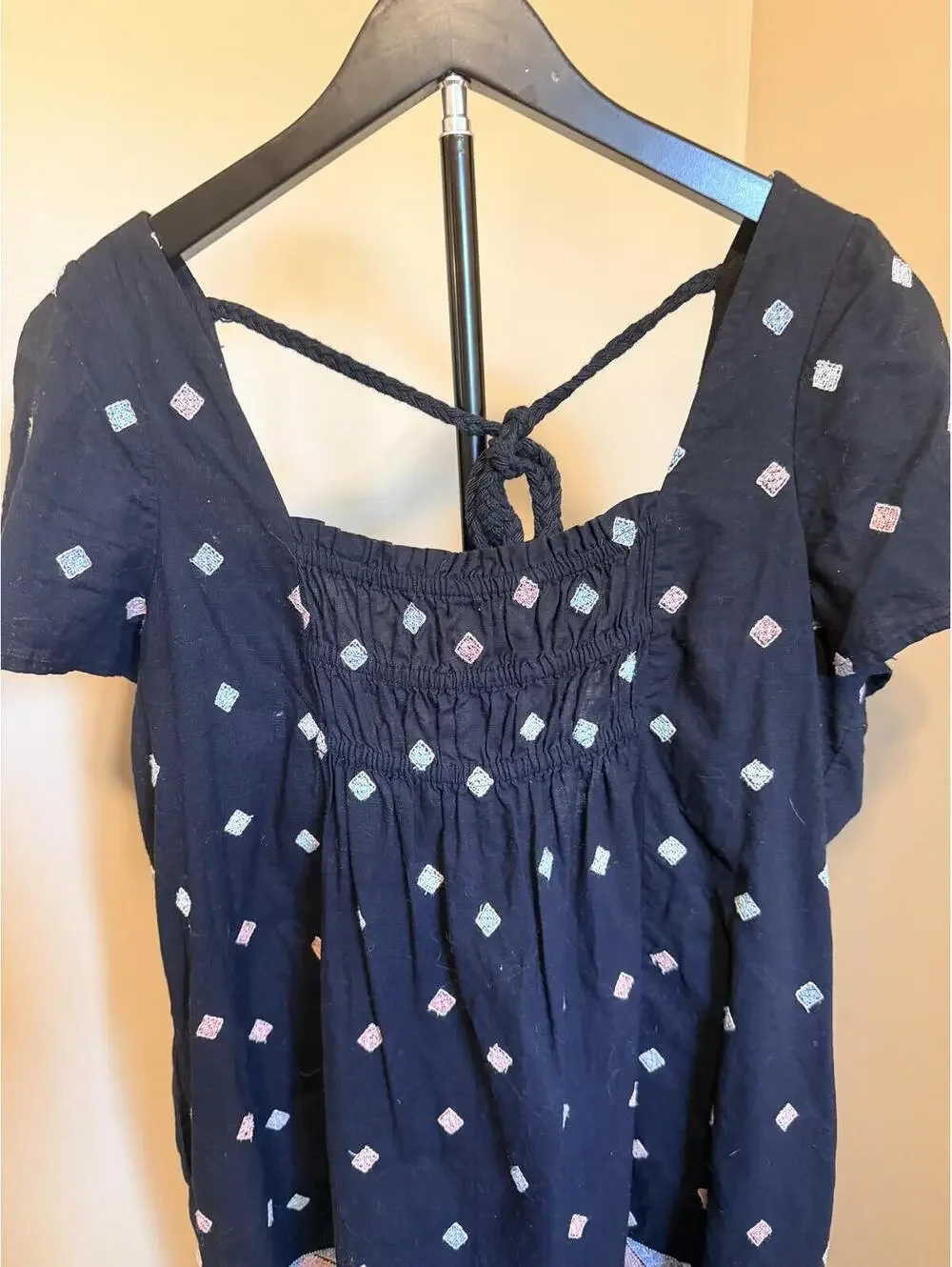 Free People Embroidered Boho Peasant Top Black Pink Geometric Dress Size L